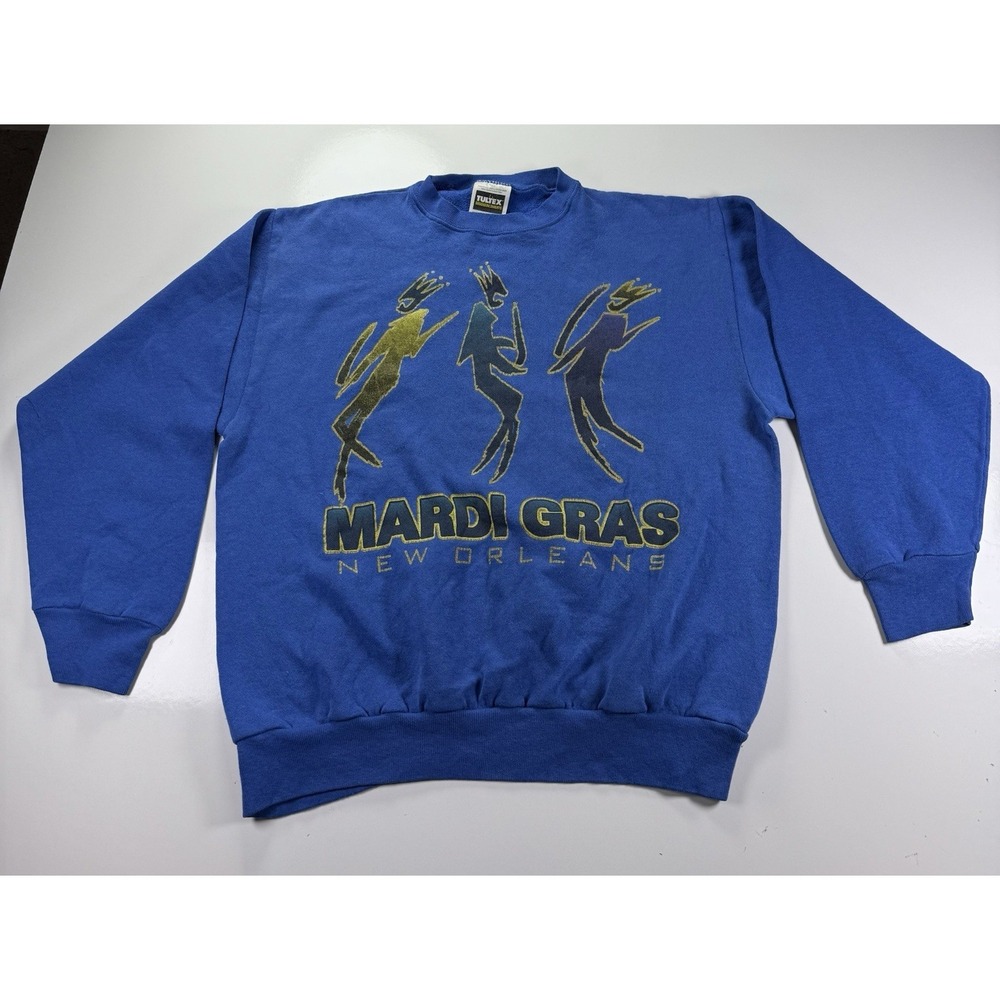 Vintage 90s Tultex Mardi Gras Sweatshirt L blue New Orleans made USA‎ crewneck